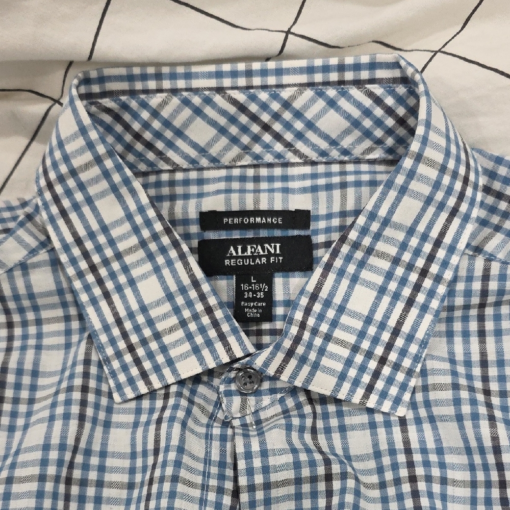 Alfani Men's Blue and White Plaid Shirt